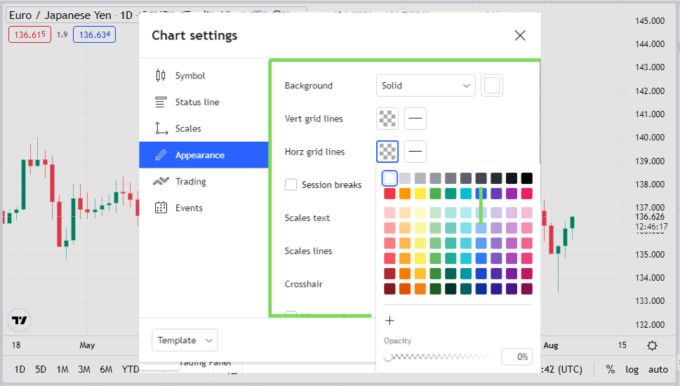 trading view appearance settings