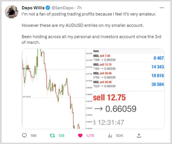 Dapo willis posted a screenshot of his trade