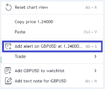 alert-right click menu on tradingview